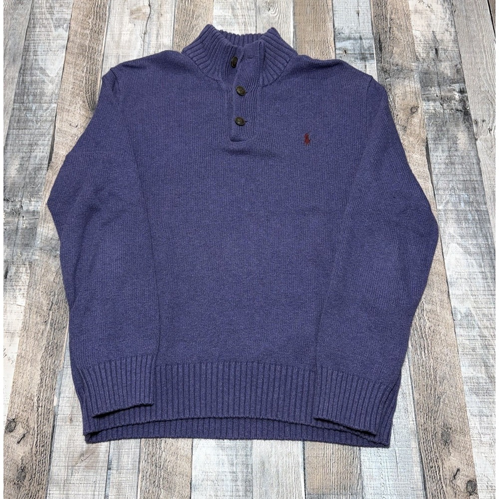 Polo Ralph Lauren Mock Neck Button Sweater Mens M Purple‎ Cotton Knit Pullover